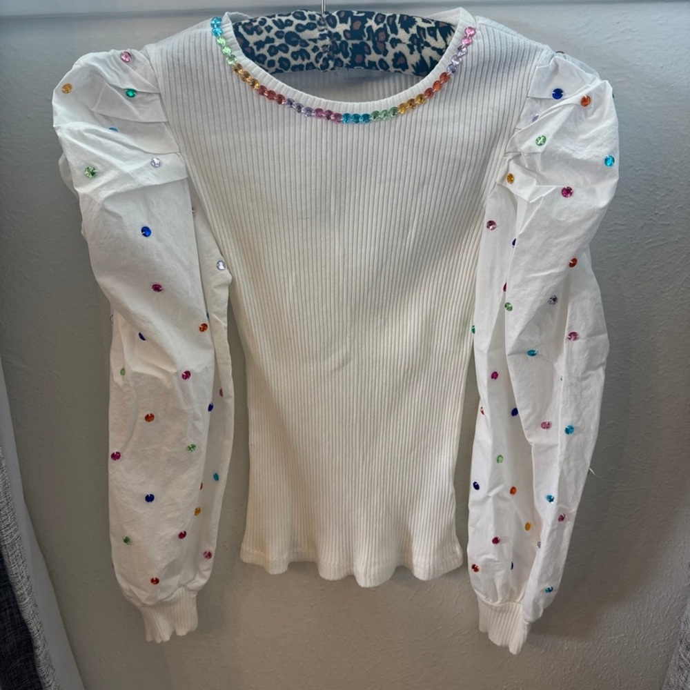 Lola + The Boys Cream Puff Sleeve Blouse with Embellished Neckline